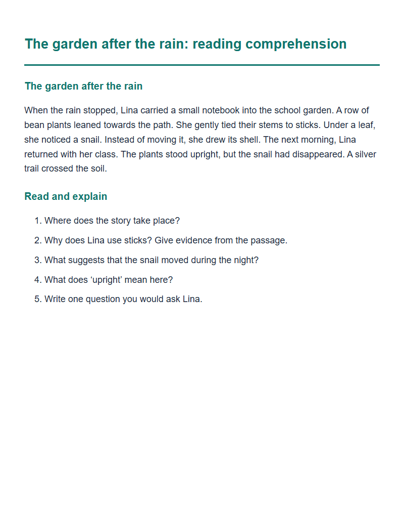 The garden after the rain: reading comprehension