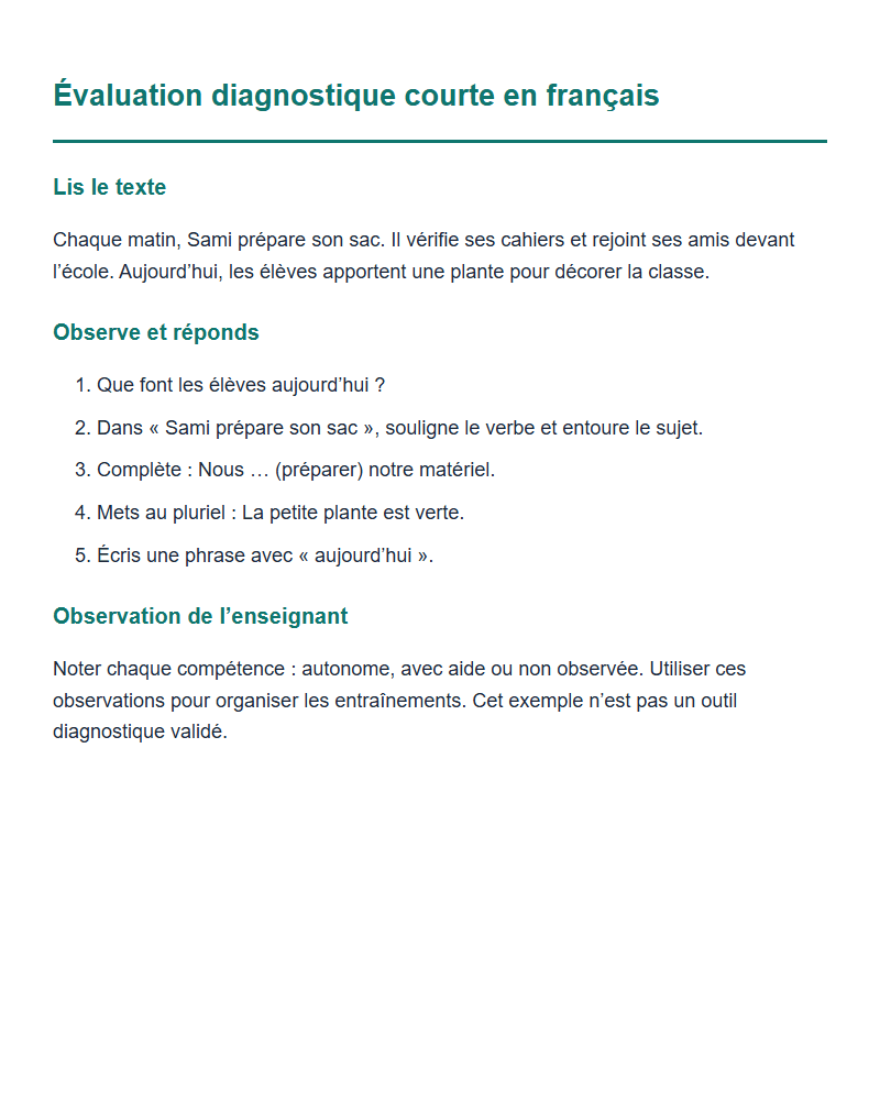Évaluation diagnostique courte en français