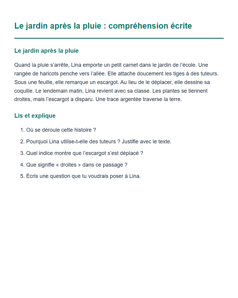 Le jardin après la pluie : compréhension écrite