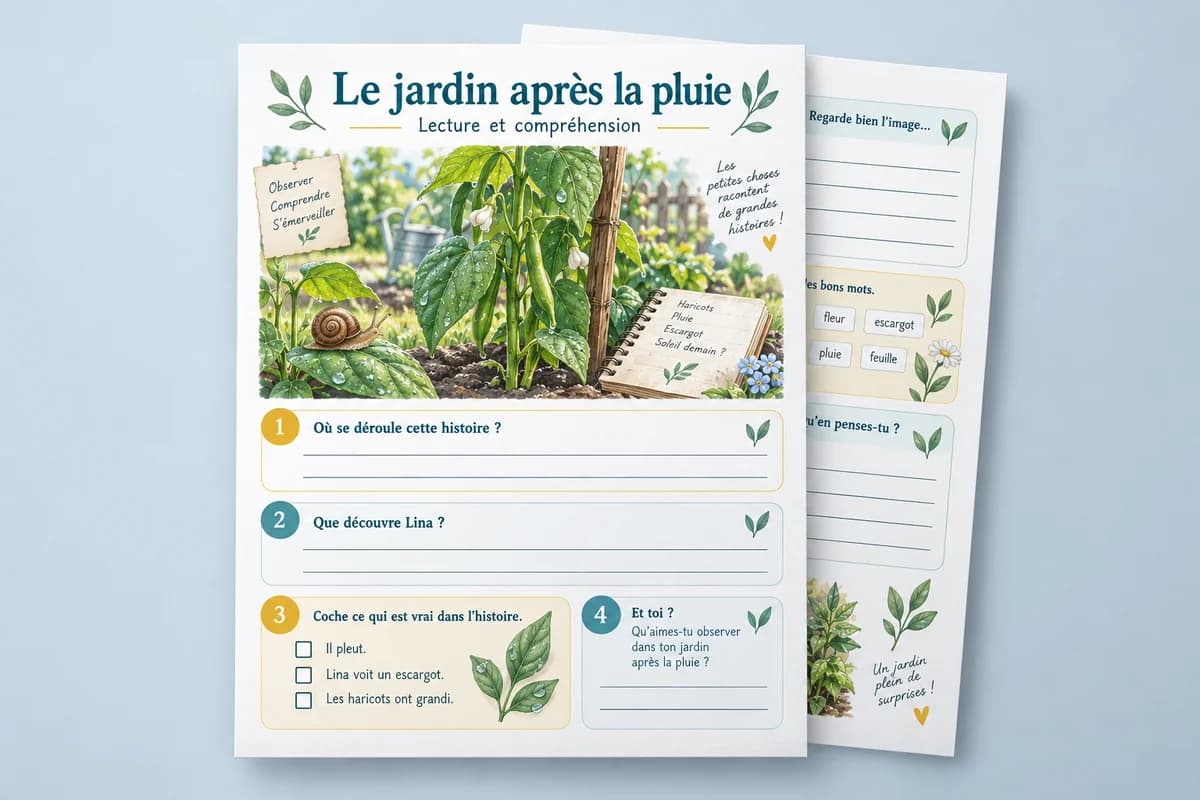 Illustration de fiches de lecture : jardin après la pluie, escargot et exercices de compréhension