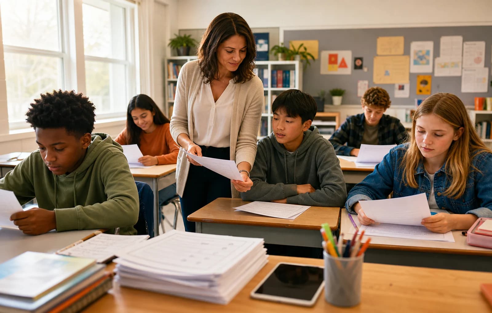A teacher using printable classroom resources created with WordPilot