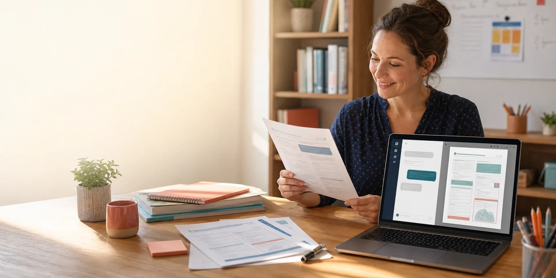 A teacher reviews an education document created with WordPilot