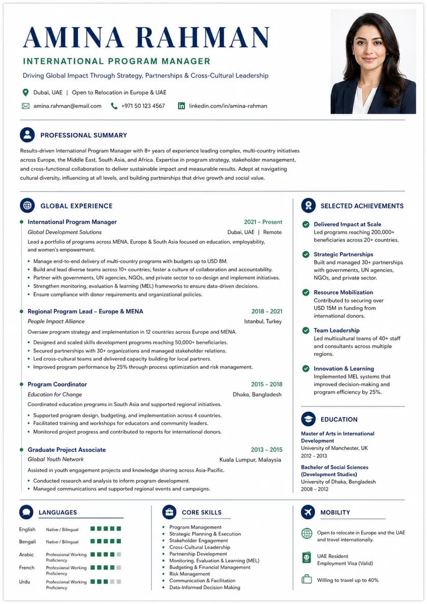 A4 resume example for International applicants