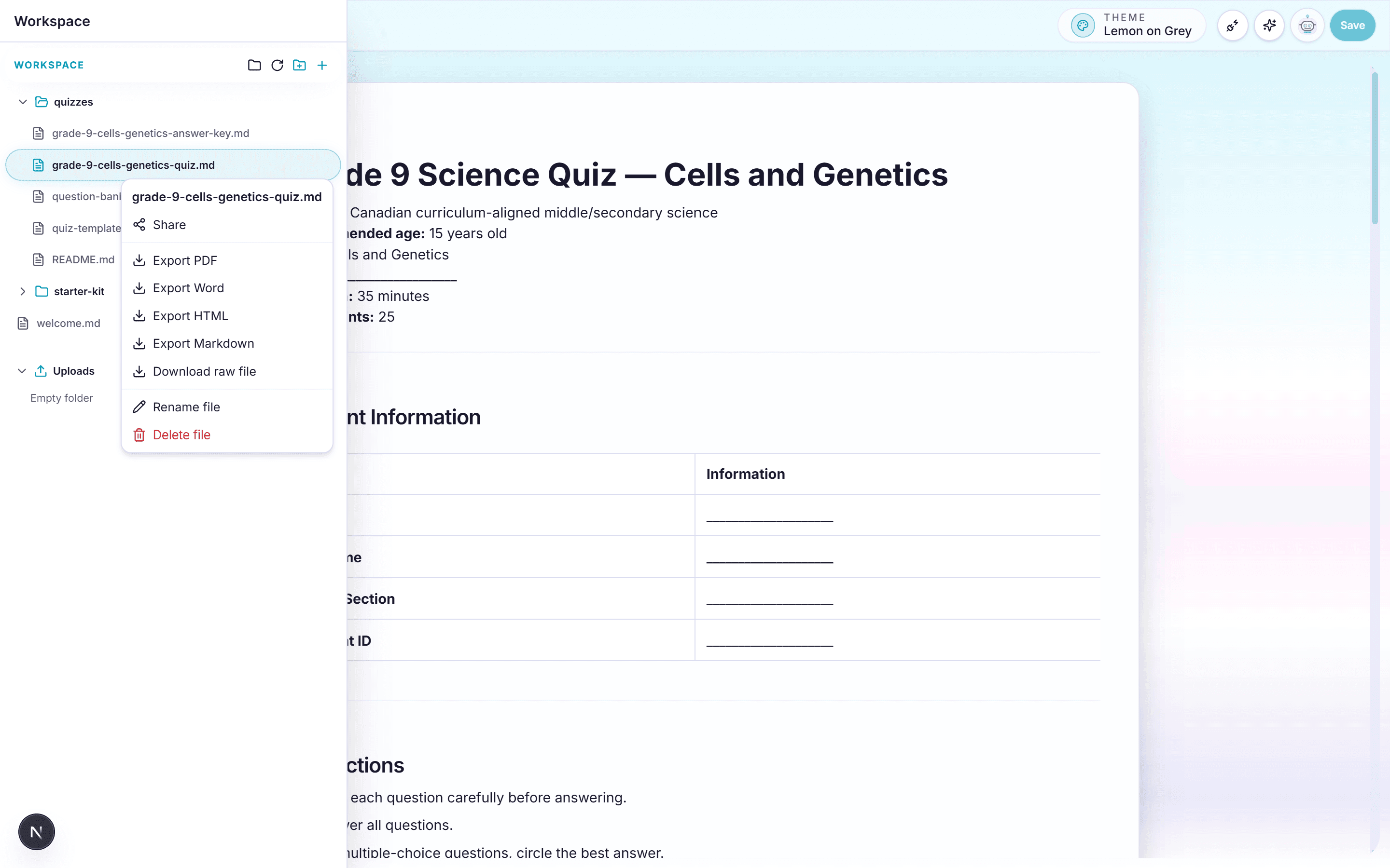 WordPilot export options for a finished printable worksheet