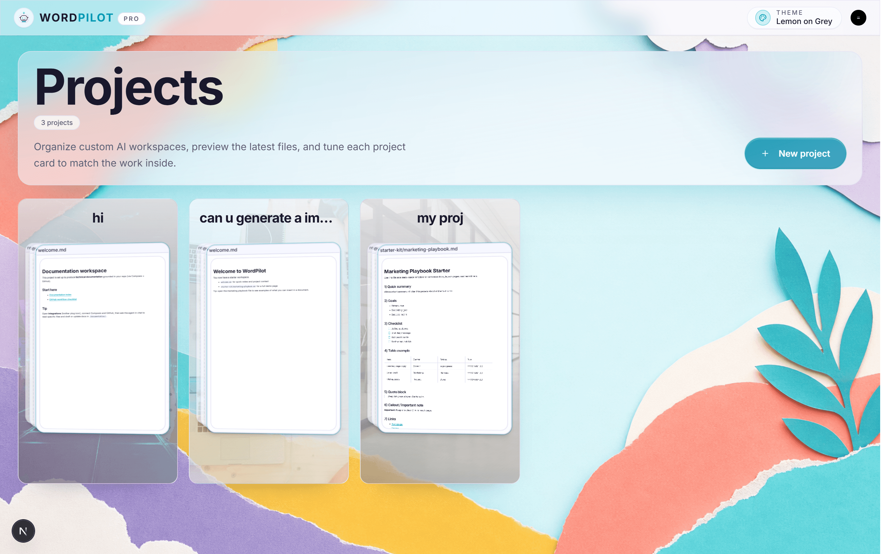 WordPilot workspaces and projects screen