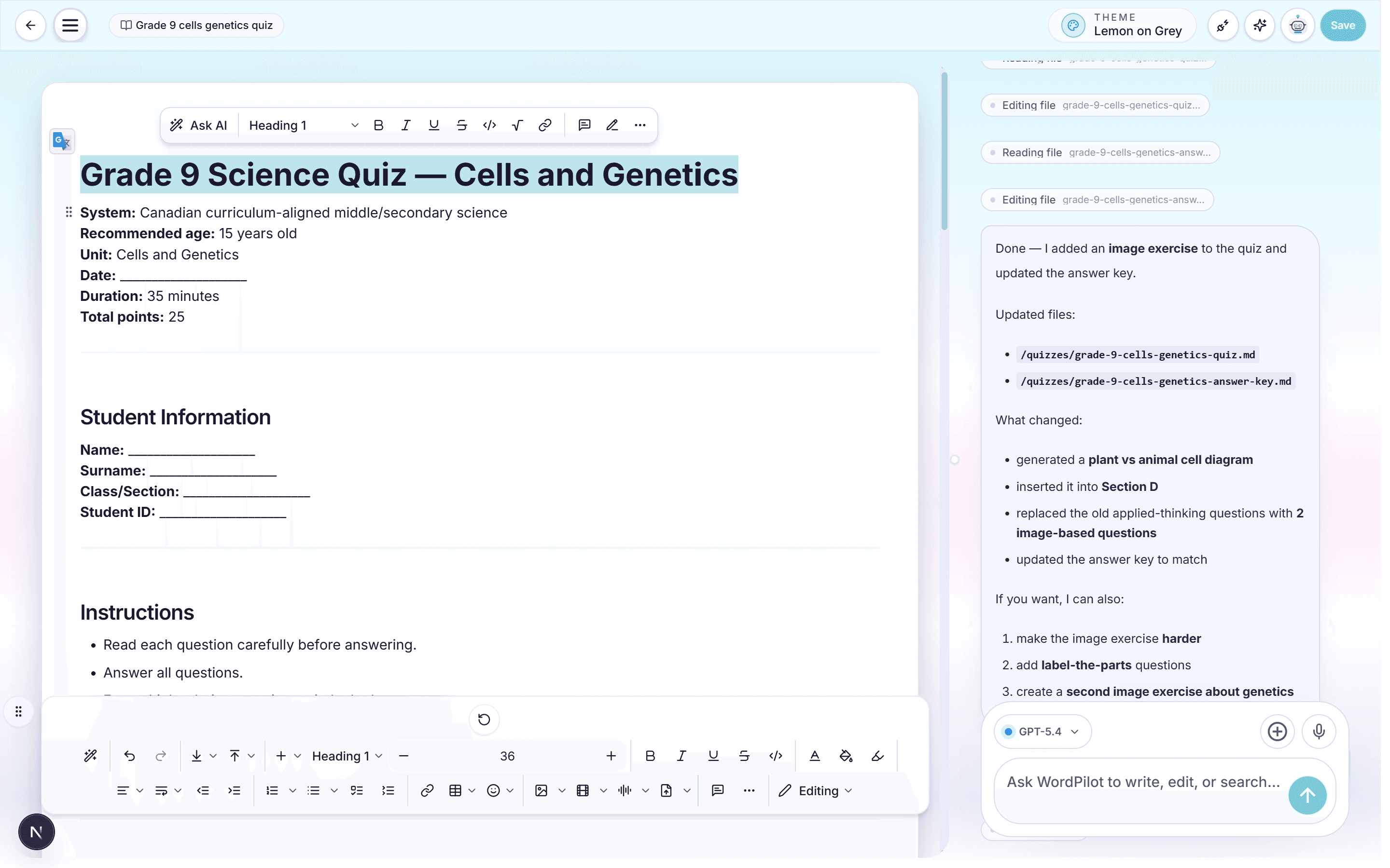A complete generated quiz with student fields and clear instructions